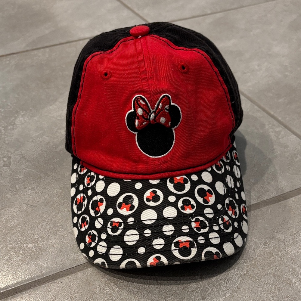Disney Minnie Mouse Red Black Polka Dot Baseball Hat Adjustable Cap